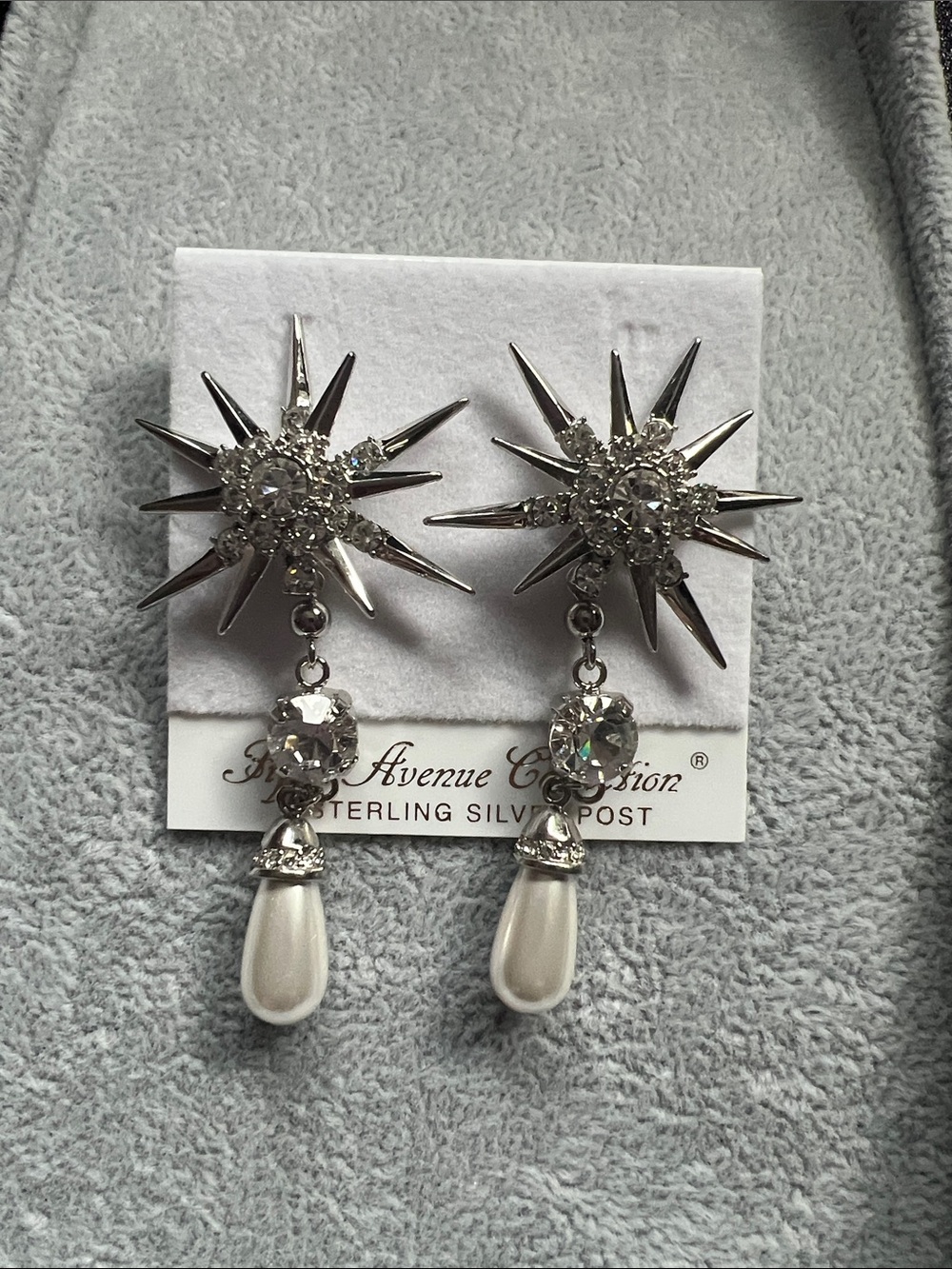 5th Avenue Collection Silver Starburst Drop Earrings with Pearl Teardrops